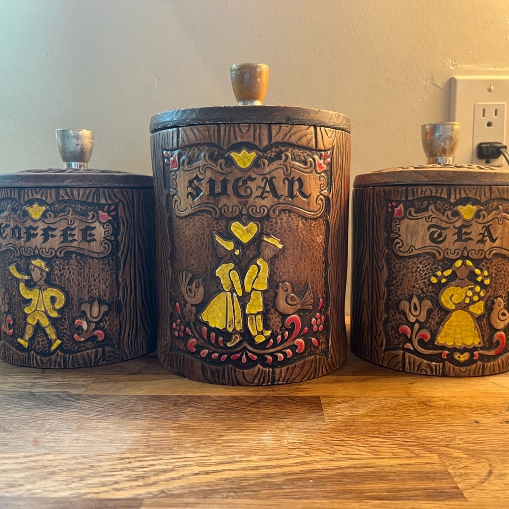 Treasure craft 1962 sugar, coffee, tea cookie jars brown pottery classic